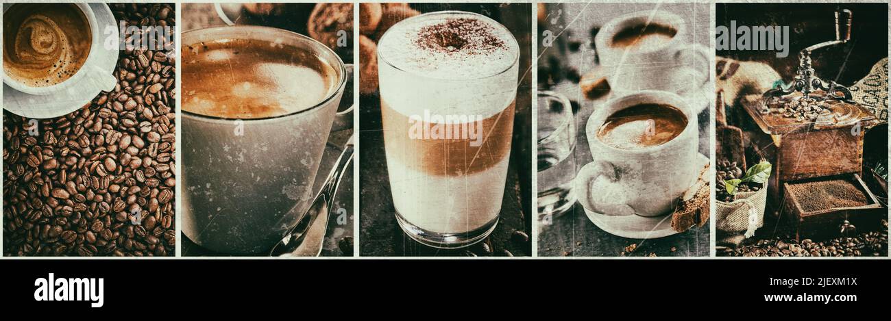 Collage di vari tipi di gustoso caffè caldo appena fatto in tazze e macinacaffè vecchio stile con fagioli Foto Stock