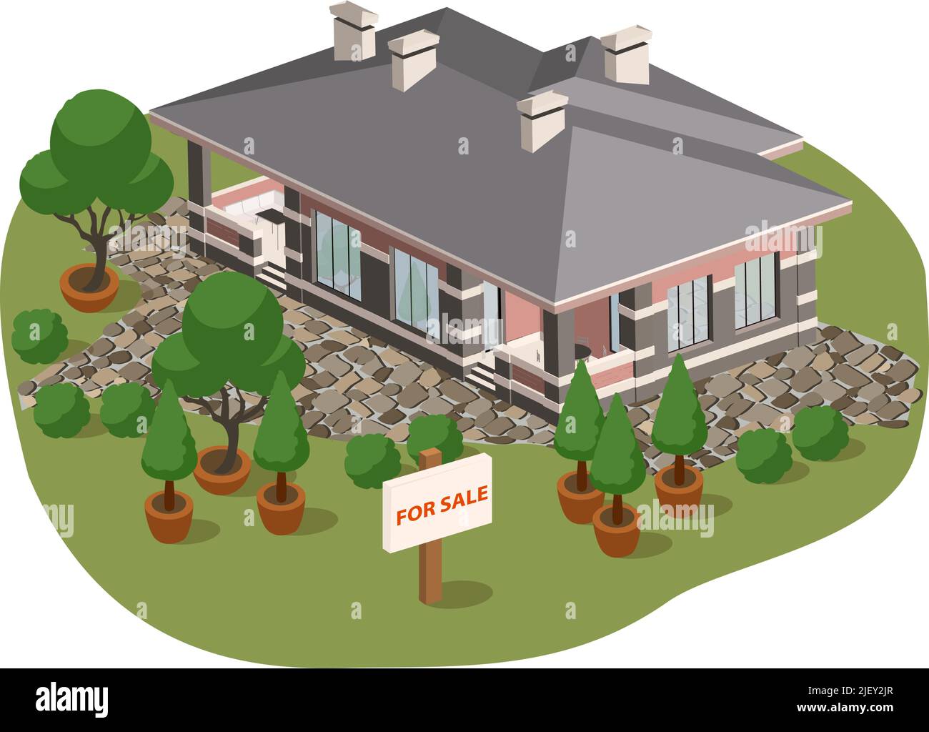 Casa privata vettoriale con un cartello in vendita sul prato verde. Vista isometrica aerea Illustrazione Vettoriale
