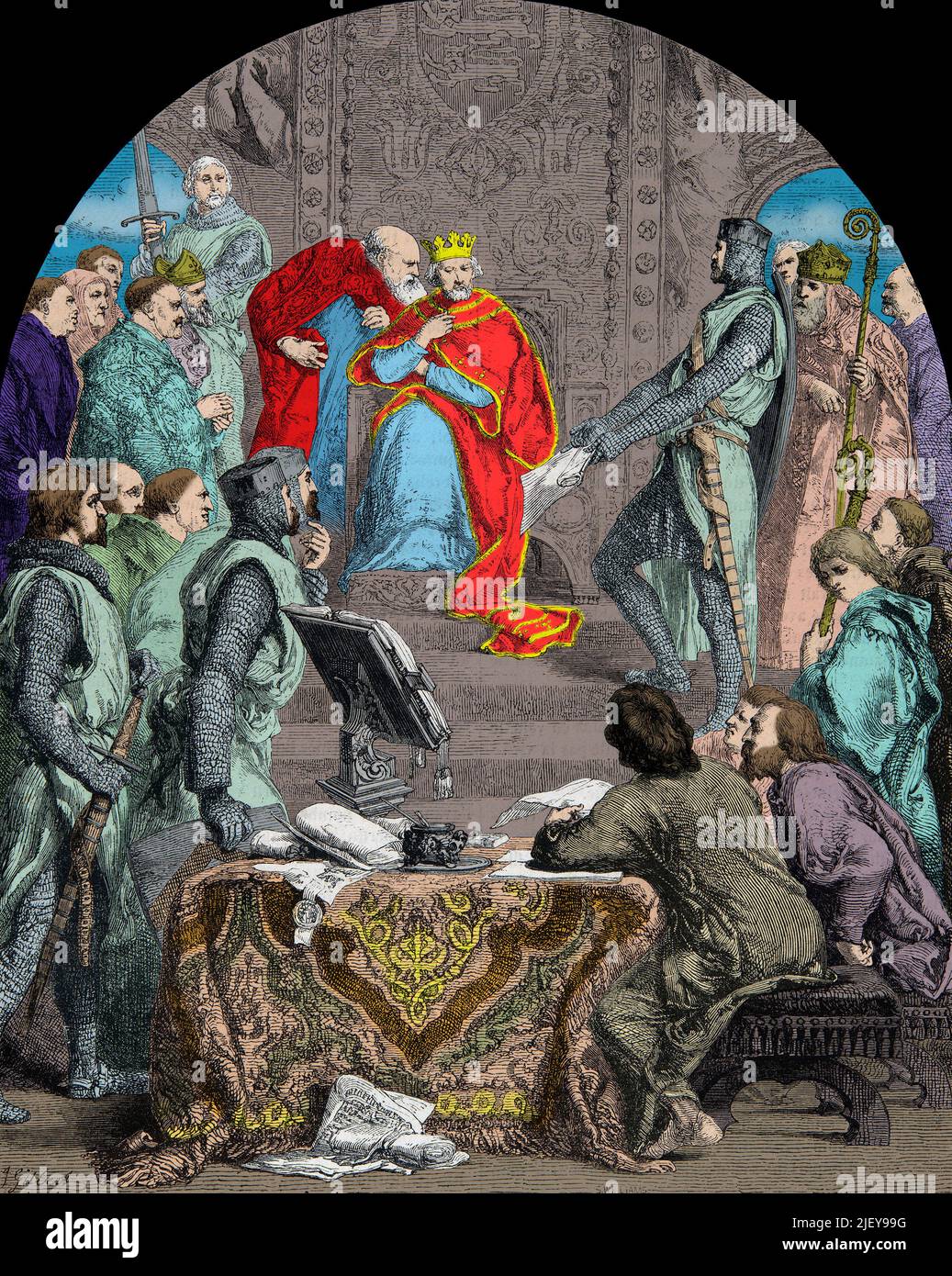 Il re Enrico III d'Inghilterra e Simon de Montfort nel 1258 - incisione Foto Stock