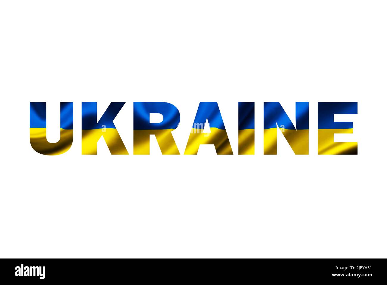 Texte sur UKRAINE with the colors of National flag. Lettere su sfondo bianco. Stato indipendente, stato giallo-blu colore ucraino. Gloria all'Ucraina. Foto Stock