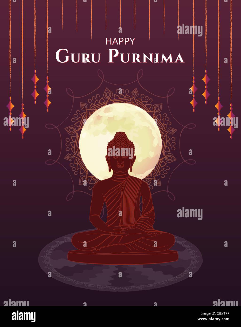 Happy Guru Purnima Gautama Buddha, Luna, silhouette, Mandala. Ornate Traditional Festival Poster Banner Design Template Vector Illustration sito web Illustrazione Vettoriale