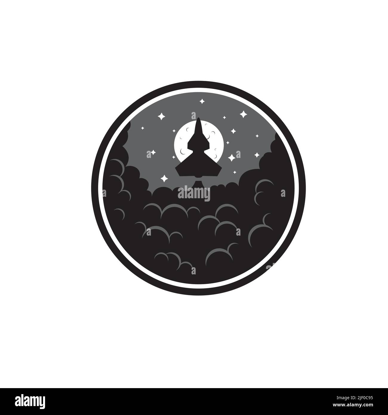Icona circolare della navicella spaziale di lancio con luna fumante e stelle isolate su sfondo bianco Illustrazione Vettoriale