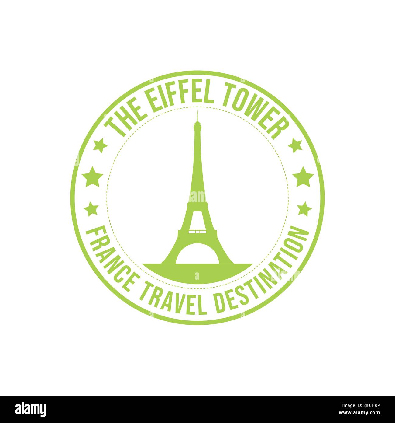 Timbro in gomma con il testo destinazione del viaggio sulla torre Eiffel scritto all'interno del timbro. È il momento di viaggiare. Francia storica torre architettura viaggi desti Illustrazione Vettoriale