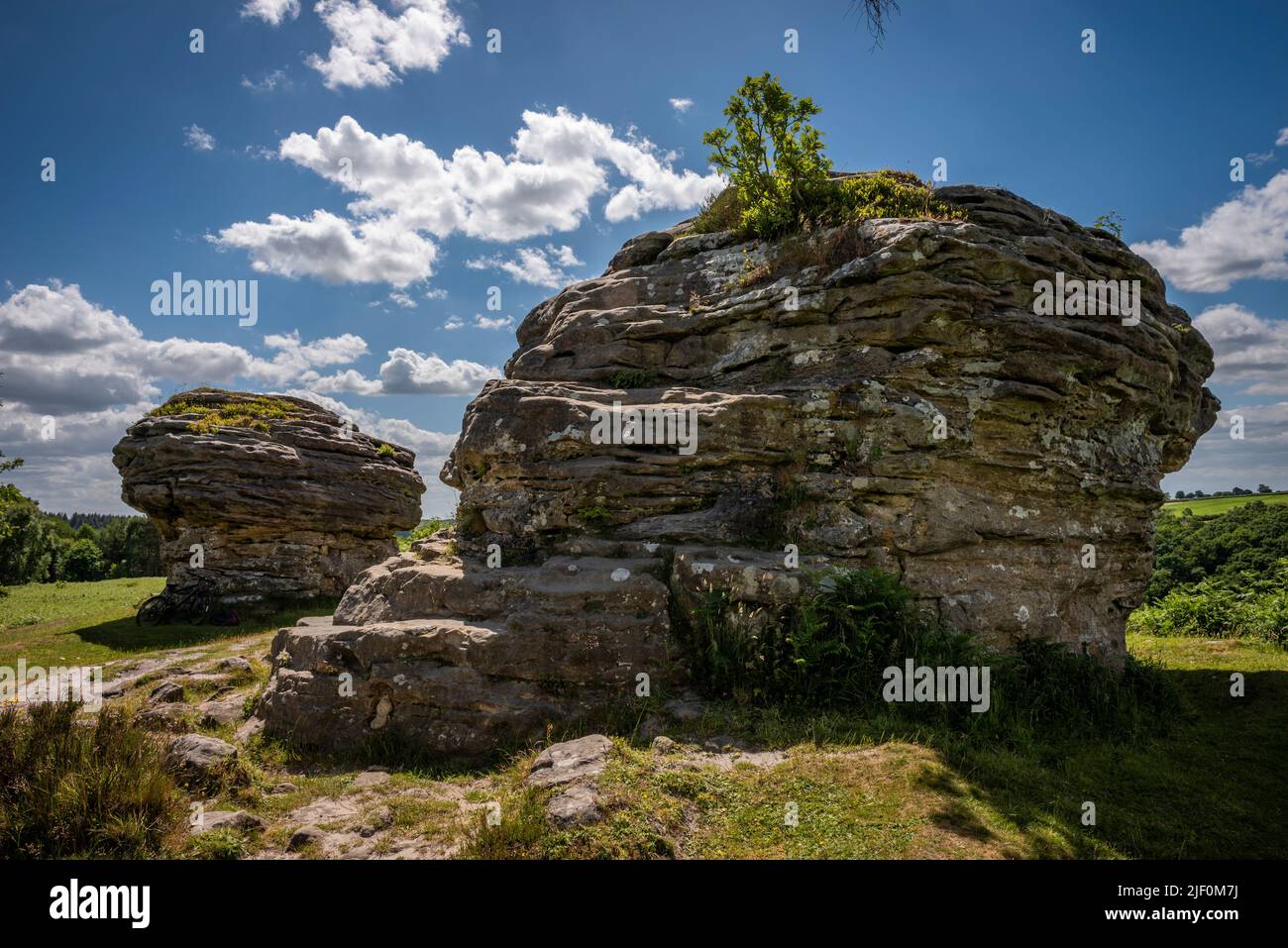 Le formazioni rocciose naturali di Bridestones create dall'erosione nella Foresta di Dalby, North Yorkshire, Regno Unito Foto Stock