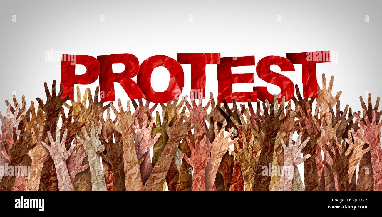 Le proteste della comunità e i manifestanti hanno a disposizione un messaggio di protesta come persone diverse in una rivoluzione sociale o in una crisi politica per cambiare Foto Stock