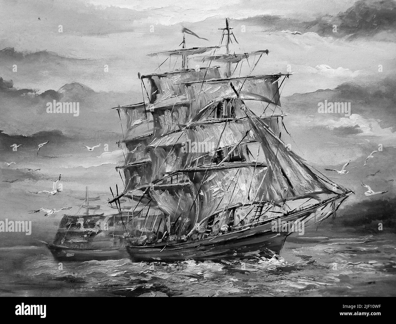 pittura a olio d'arte barca a vela , barque in mare dalla thailandia , bianco e nero Foto Stock