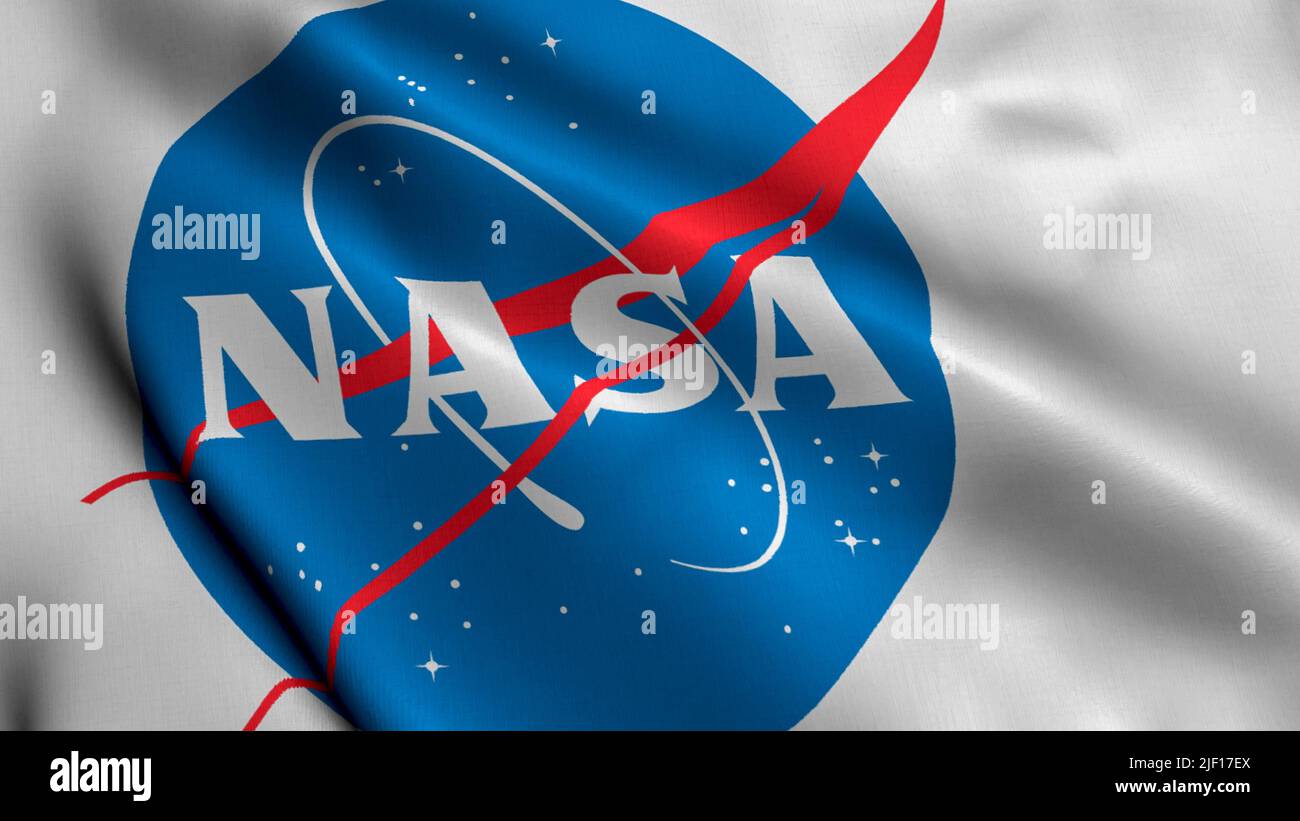 Bandiera dell'Aeronautica Nazionale e dell'Amministrazione spaziale. Tessuto realistico tessuto Satin bandiera NASA Foto Stock