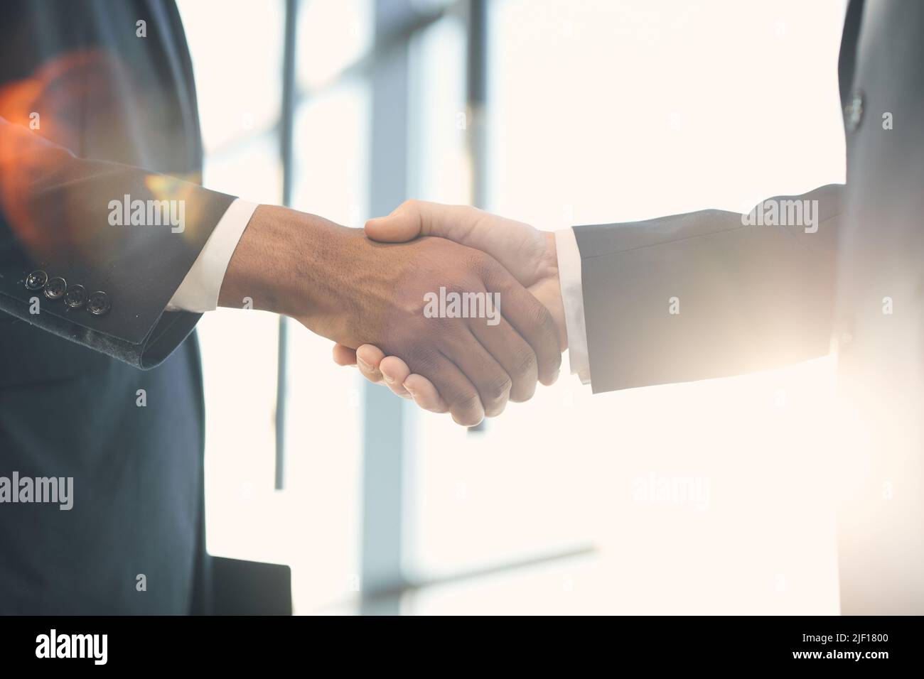 Primo piano di partner commerciali multietnici irriconoscibili in abiti handshaking alla luce, gesto che simboleggia la fiducia e il rispetto Foto Stock