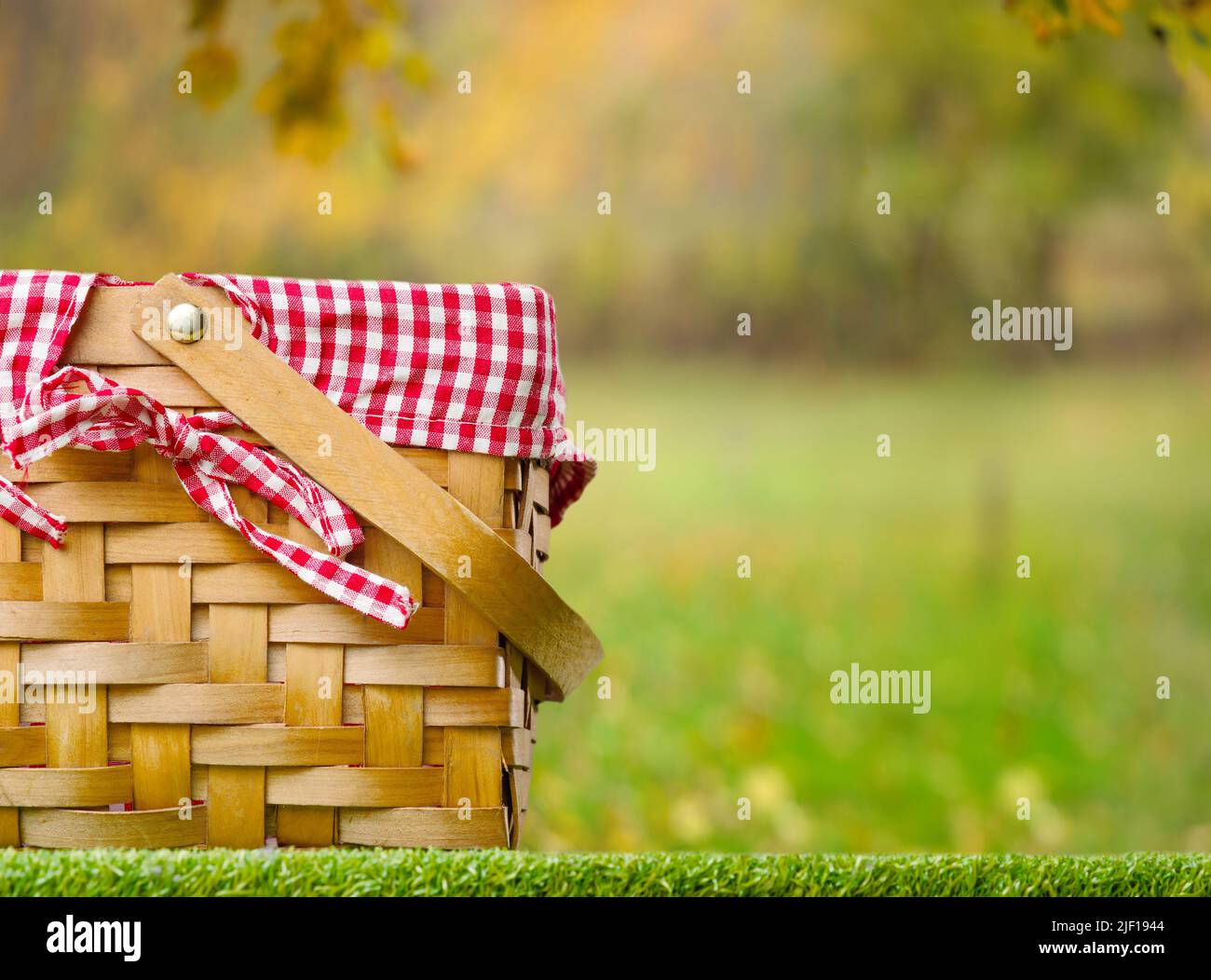 Cestino da picnic sullo sfondo della natura pittoresca su un prato verde. Vacanze in famiglia, vacanze con bambini, amici, appuntamento romantico, passeggiata all'aperto, Foto Stock