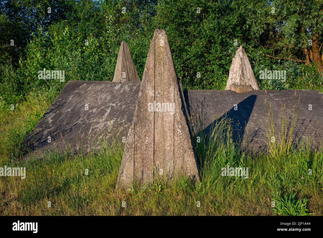 Vecchie barriere anticarro del periodo della Grande Guerra Patriottica. Regione di Novgorod, Russia Foto Stock