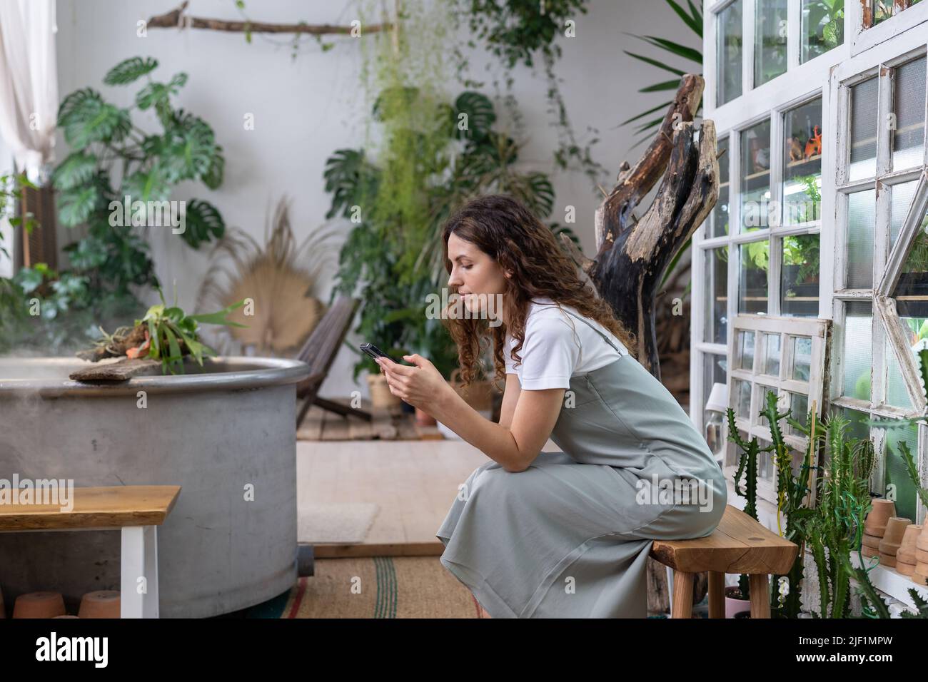 Serio giovane giardiniere donna proprietario tenere smartphone leggere notizie media, seduto in giardino casa Foto Stock