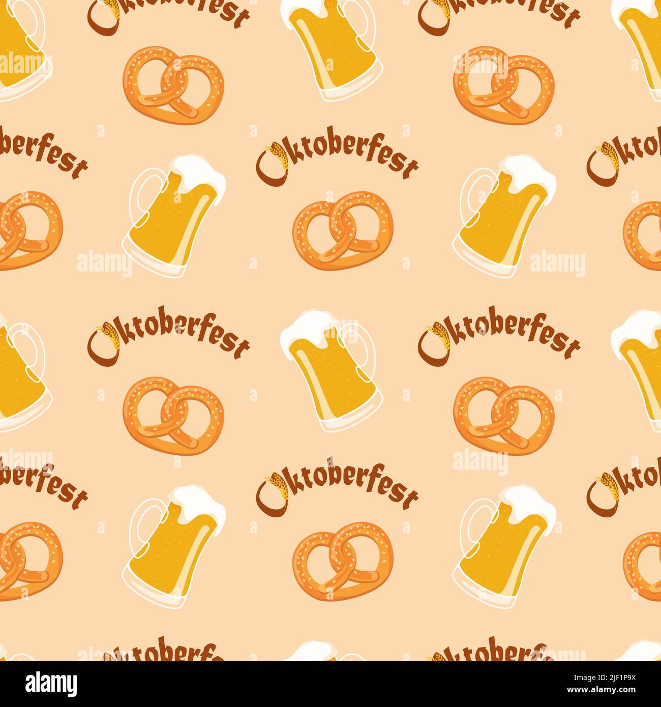 Motivo vettoriale senza cuciture di lettere, pretzel e tazze di birra oktoberfest Illustrazione Vettoriale