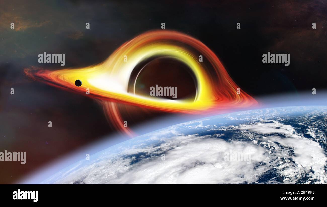 Arte fantascientifica realistica con enorme buco nero e pianeta Terra. Elementi di questa immagine forniti dalla NASA. Foto Stock