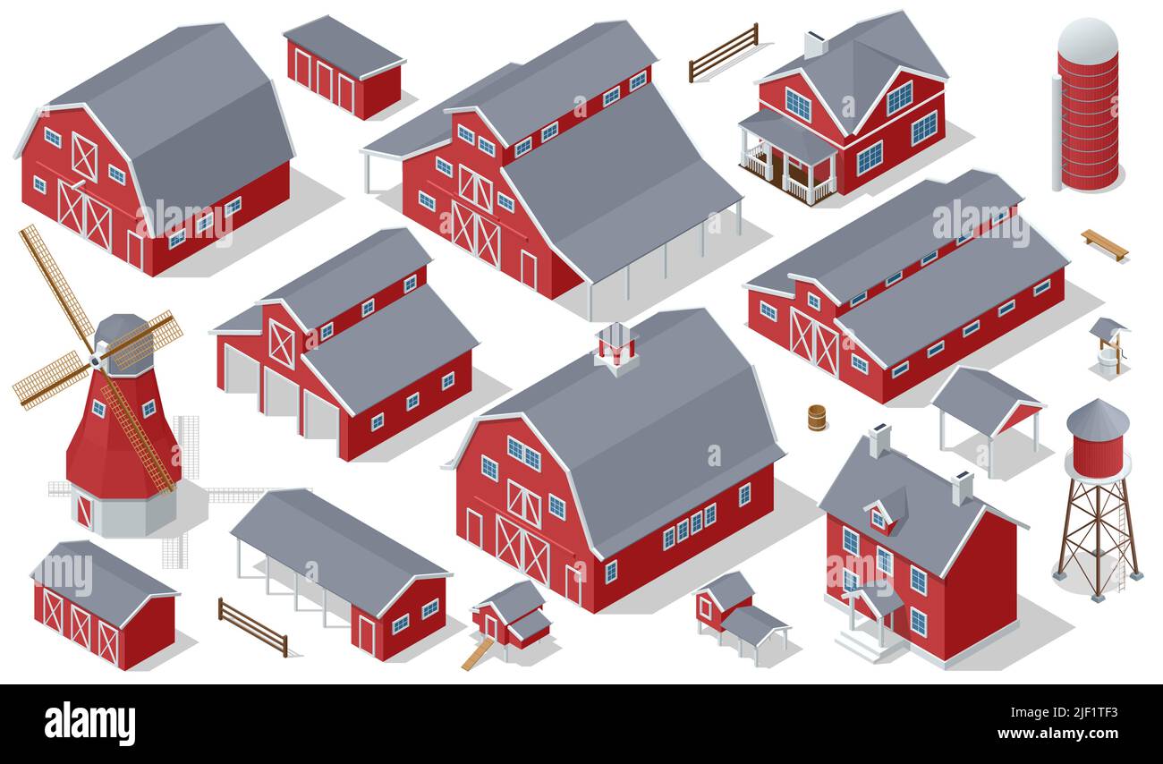 Set isometrico elementi azienda agricola. Fienile, Casa di campagna, mulino a vento, serra, turbina eolica, Agricoltura e agricoltura, Farm Barn House Illustrazione Vettoriale