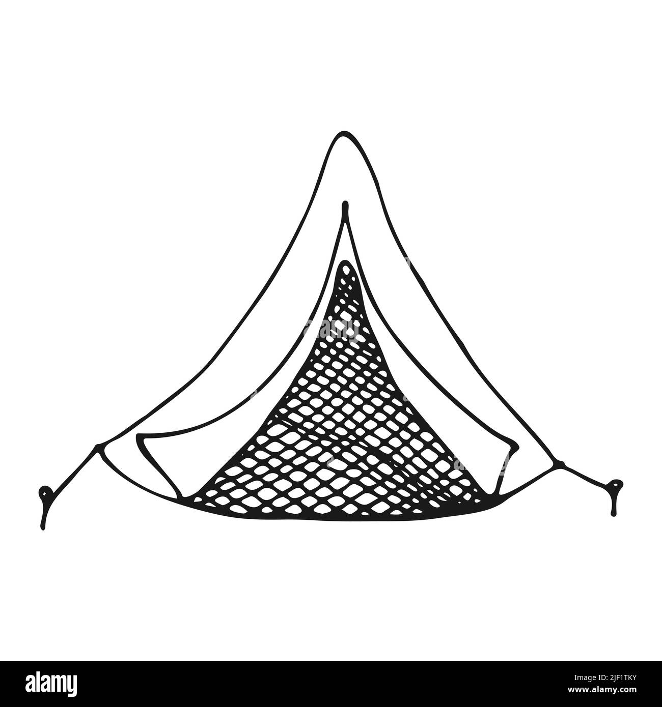 Tenda turistica disegnata a mano isolato su sfondo bianco. Tenda da campeggio per campeggio in stile doodle. Illustrazione vettoriale. Illustrazione Vettoriale