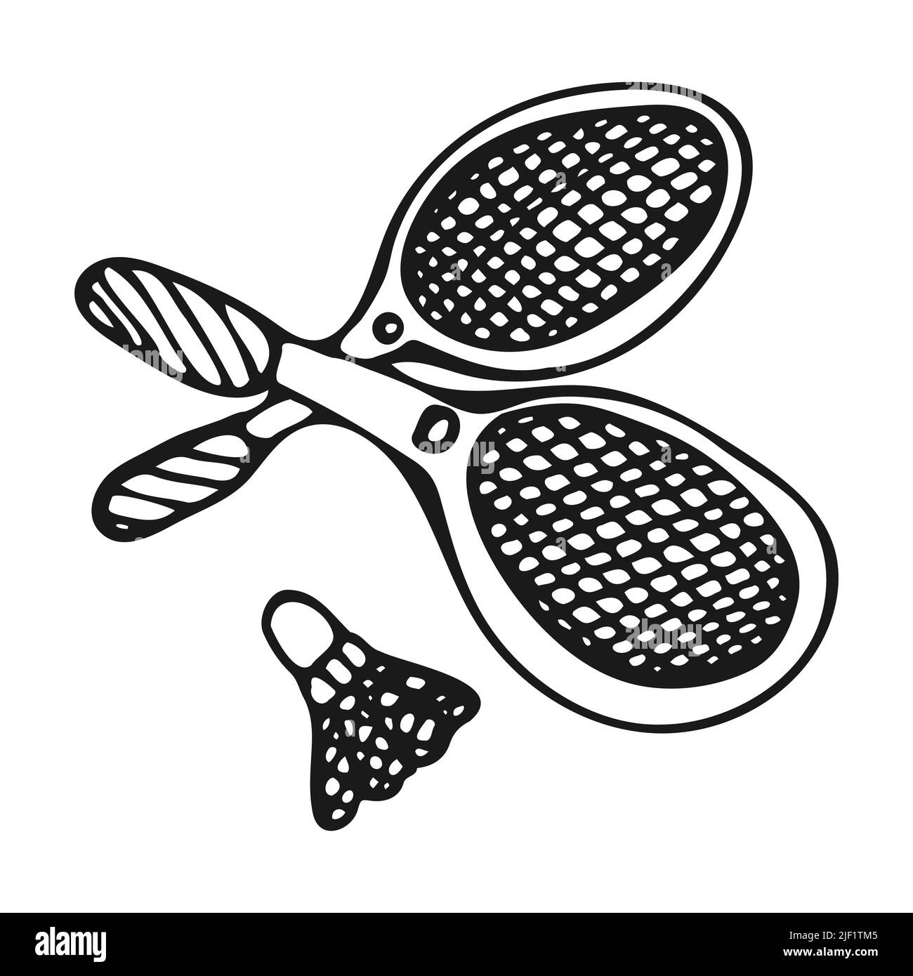 Due racchette e un shuttleock per giocare a badminton nello stile dei doodles. Racchette da tennis sono disegnate a mano su sfondo bianco. Bianco e nero Illustrazione Vettoriale