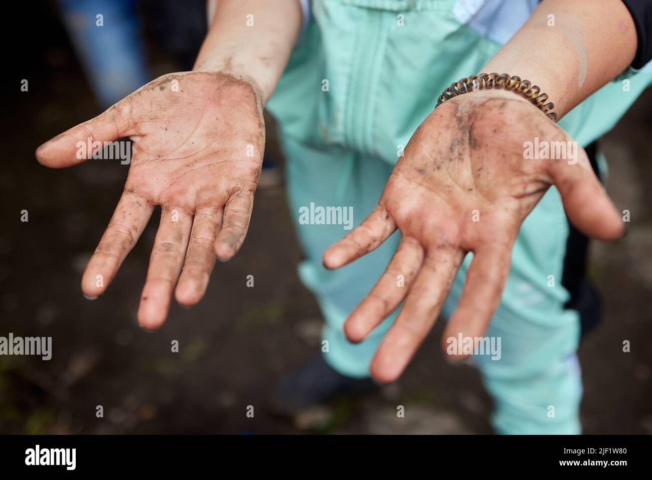Primo piano scatto ritagliato di donna irriconoscibile che tiene panni antibatterici bagnati per pulire e disinfettare le mani all'aperto. Closeup di donne pulizia mani wi Foto Stock
