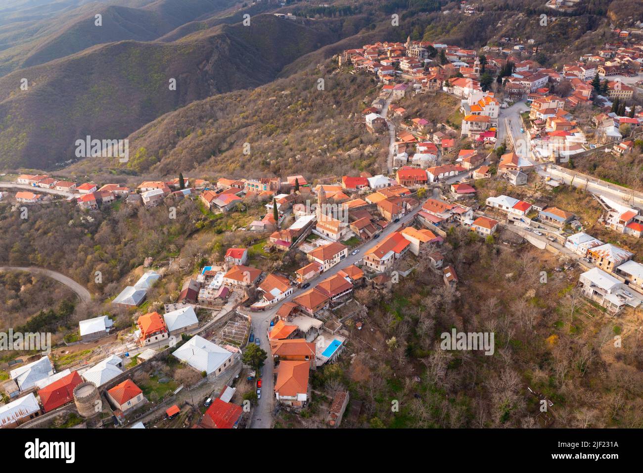 Vista aerea su Signagi e Alazani Valley, Georgia. Sighnaghi d'amore in Georgia Foto Stock
