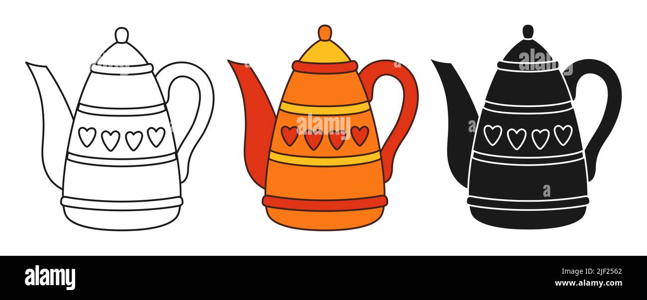 Set di icone del bollitore per tè. Doodle stile cartoon o timbro semplice contorno drink segno, retrò rustico utensili da cucina. Vettore di contorno del simbolo del bollitore per giochi, web design o app, logo ui disegnato Illustrazione Vettoriale