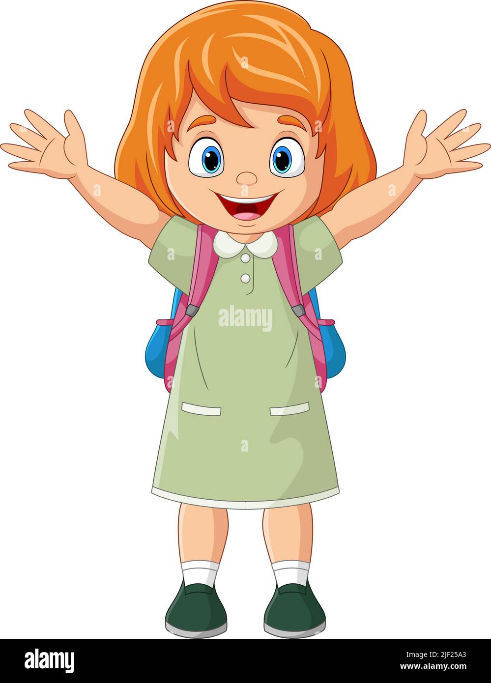 Cartone animato ragazza felice scuola ondeggiando la mano Illustrazione Vettoriale