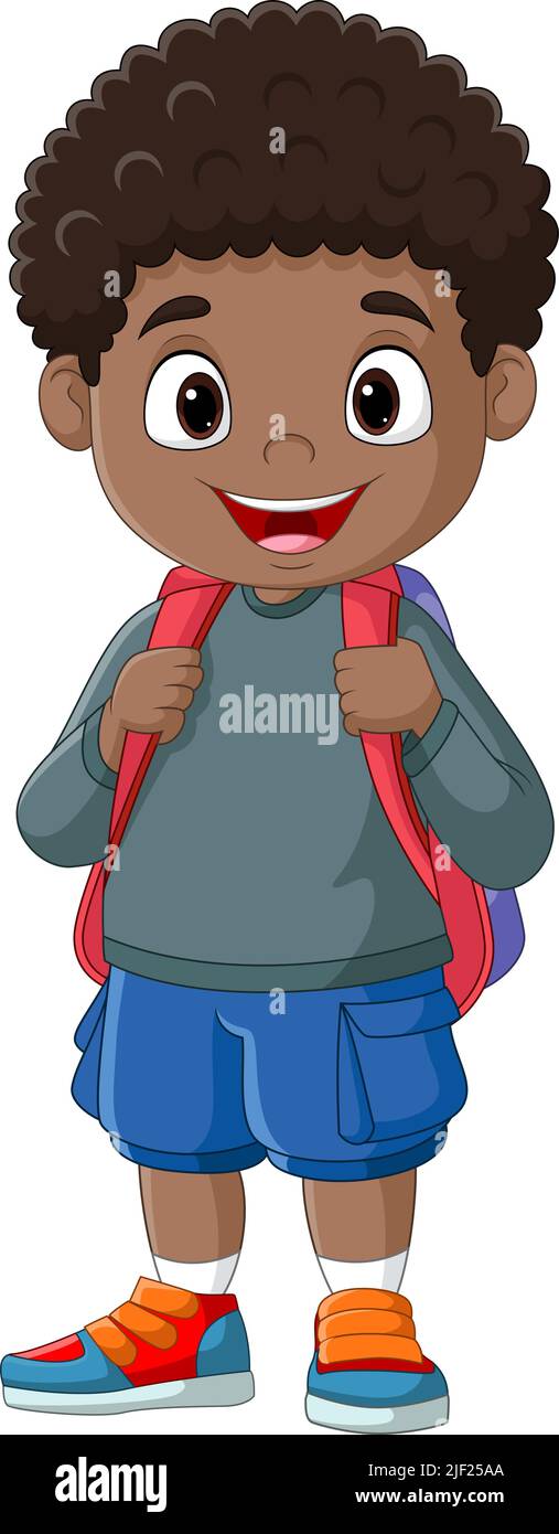 Carino fumetto africano americano ragazzo con zaino scuola Illustrazione Vettoriale