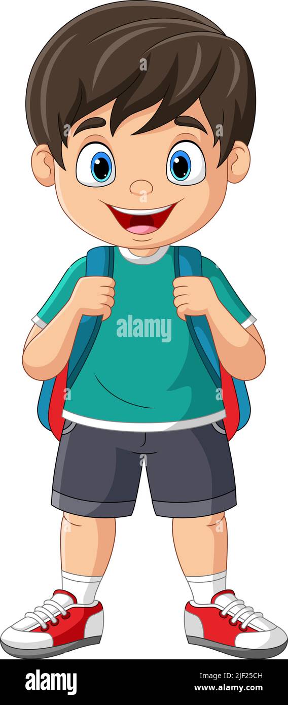 Cartone animato ragazzo felice scuola con zaino Illustrazione Vettoriale