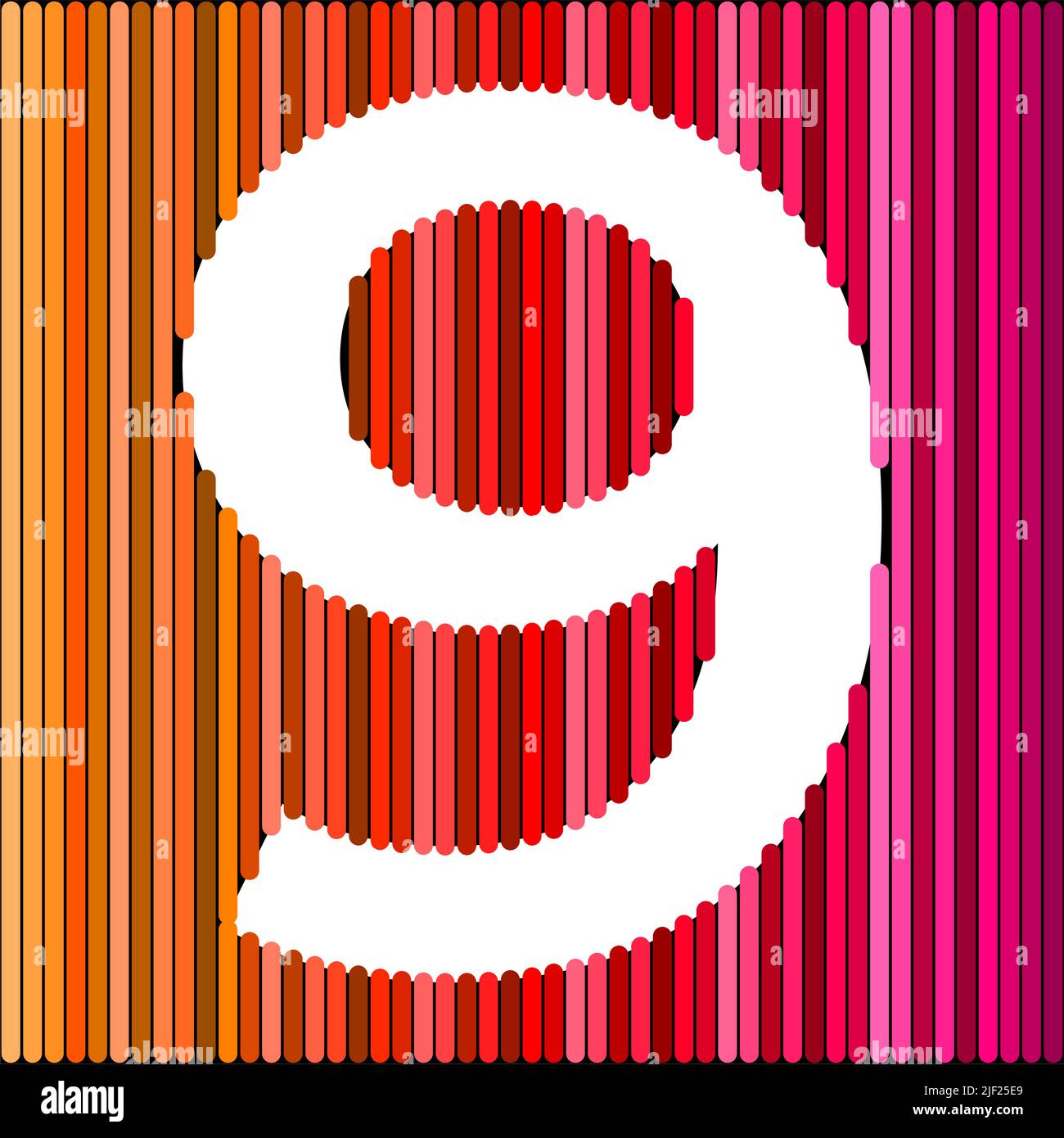 Layout creativo. Biglietto di auguri per il numero cinque 9th compleanno su sfondo arcobaleno. Concetto anniversario. Vista dall'alto. Spazio di copia. Elegante personaggio colorato su un Illustrazione Vettoriale