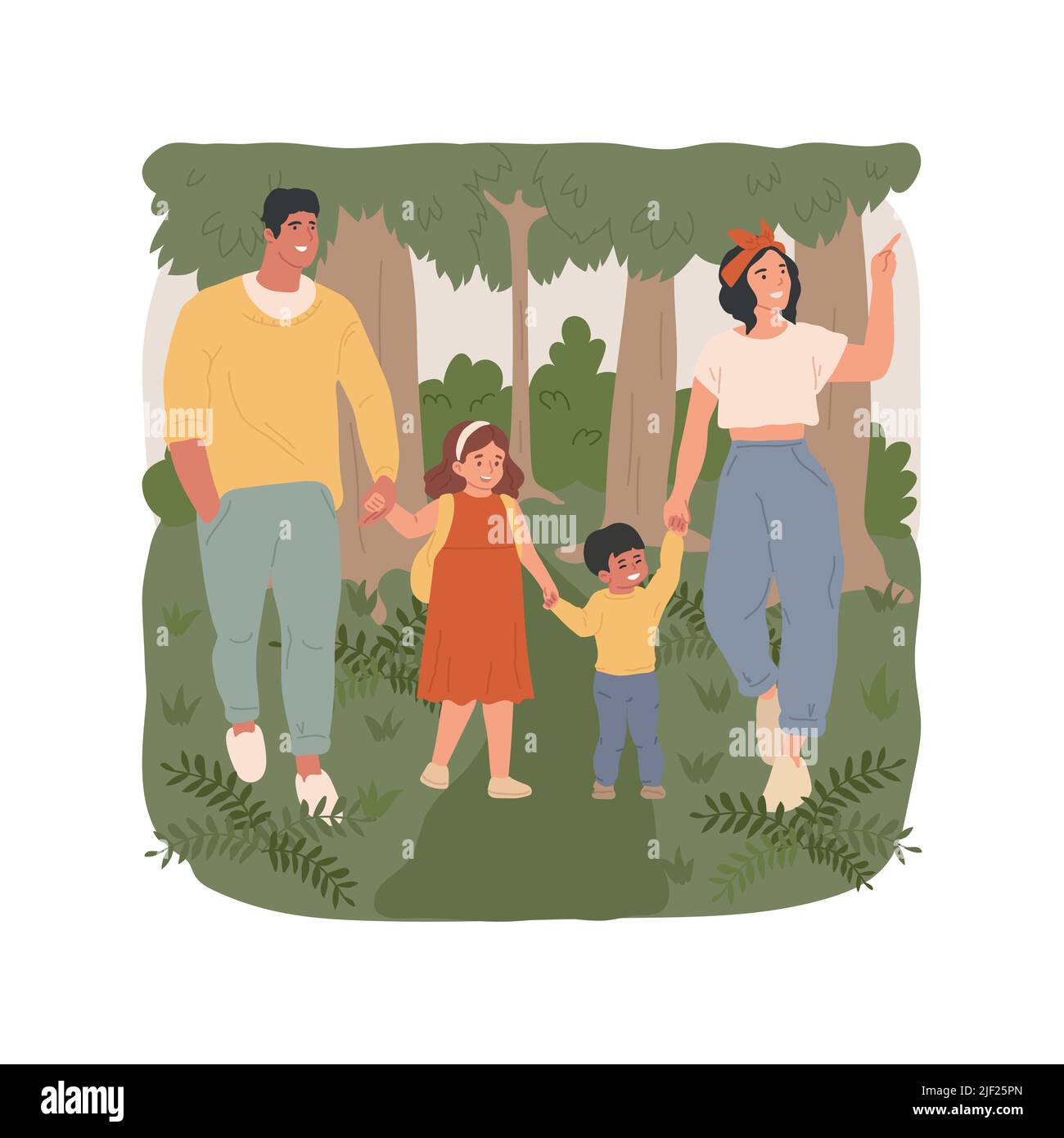 Forest Walk isolato cartoon vettore illustrazione. Famiglia che cammina insieme nei boschi, bambini che tengono le mani dei genitori, osservazione della natura, campeggio estivo, visita selvaggia foresta vettore cartone animato. Illustrazione Vettoriale