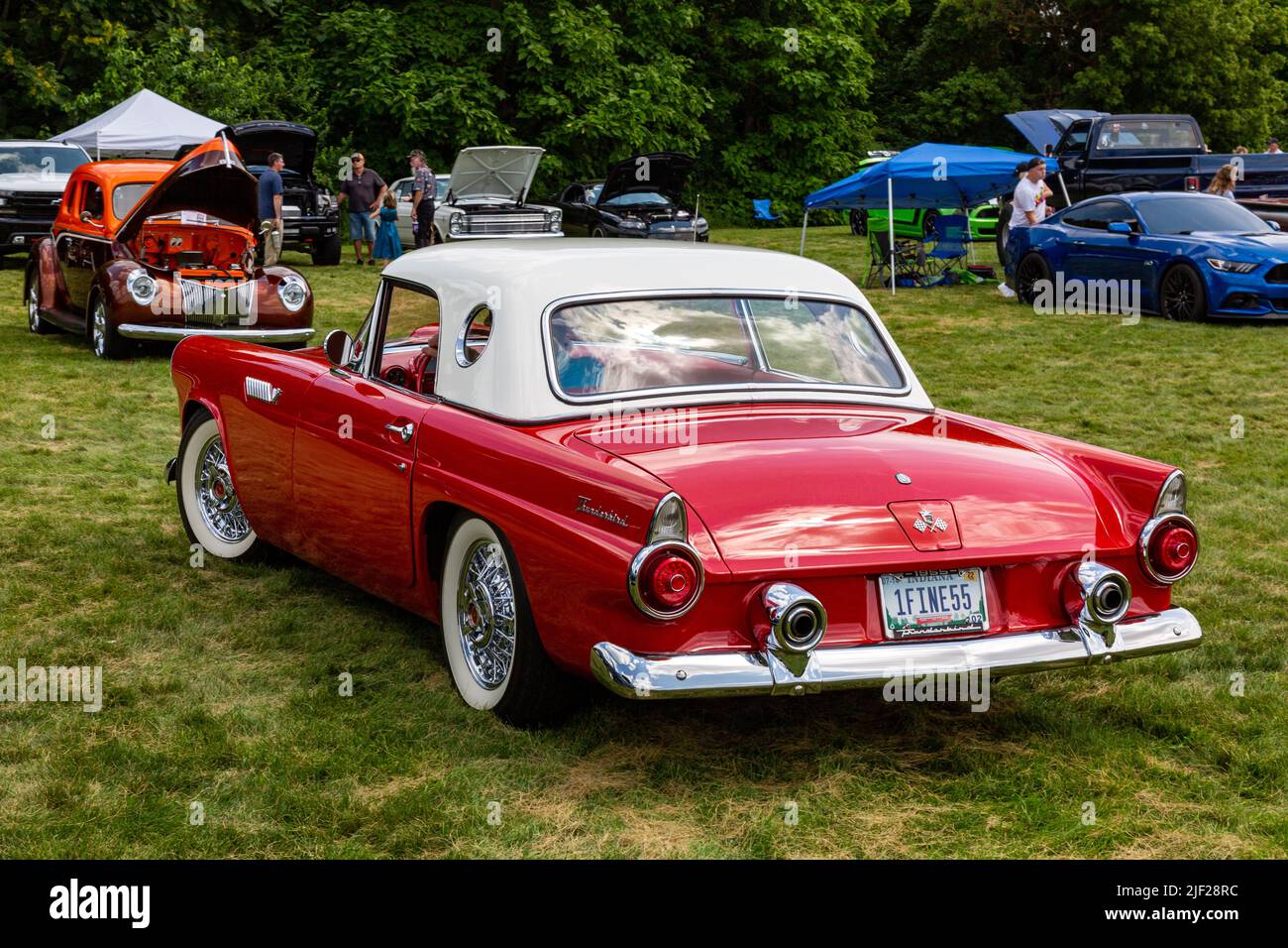Un elegante 1955 Ford Thunderbird rosso ad una mostra di auto a Fort Wayne, Indiana, Stati Uniti. Foto Stock