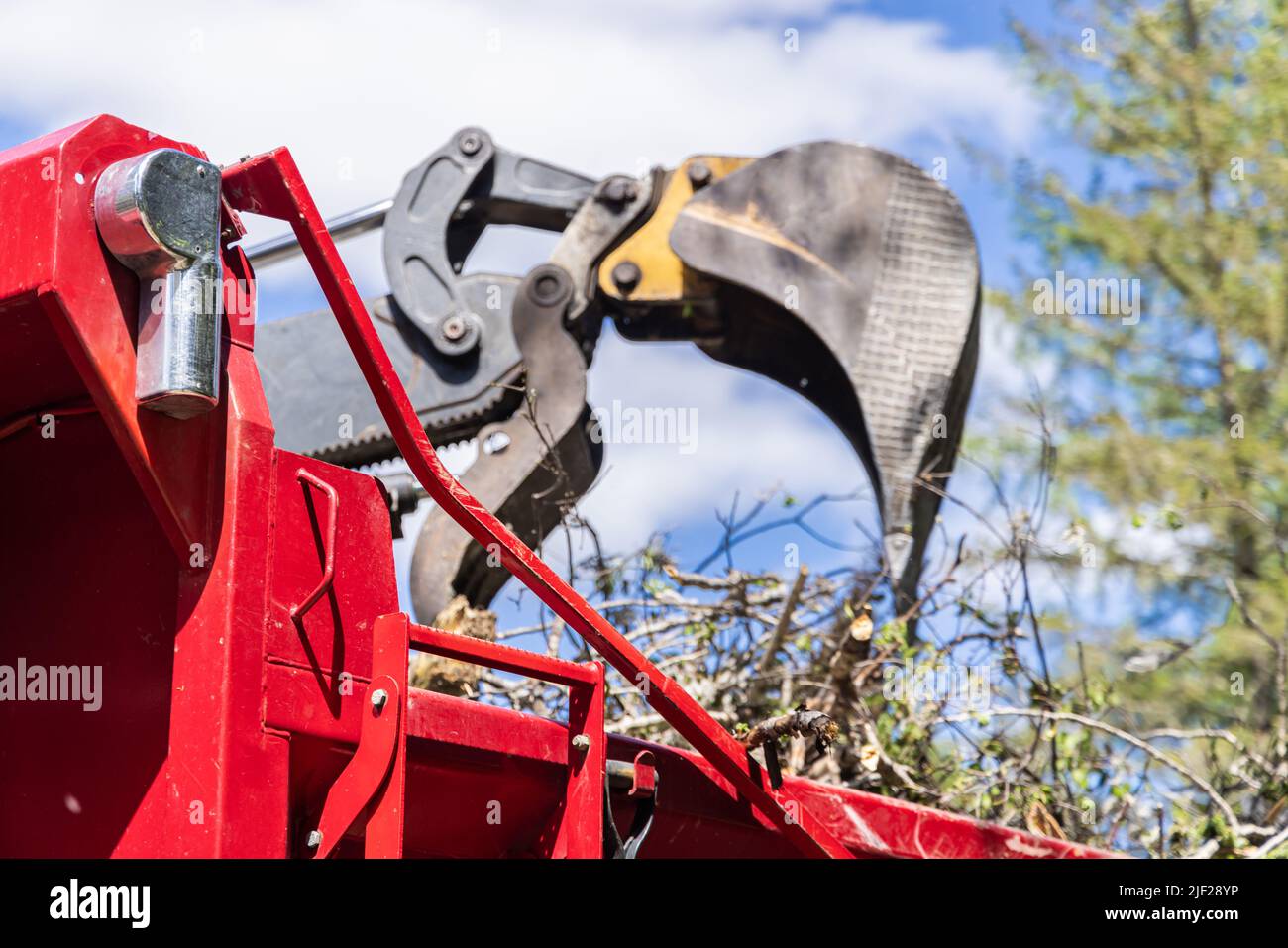 Messa a fuoco selettiva closeup con un braccio e una benna sfocati di un escavatore, caricando un rimorchio dumper rosso con rami di albero e detriti dopo venti alti. Foto Stock