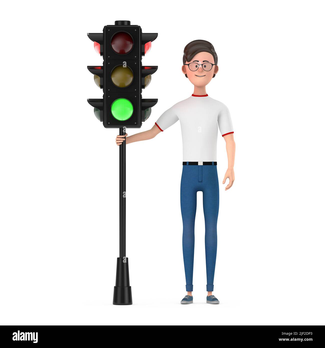 Personaggio fumetto uomo con semaforo verde su sfondo bianco. 3D rendering Foto Stock