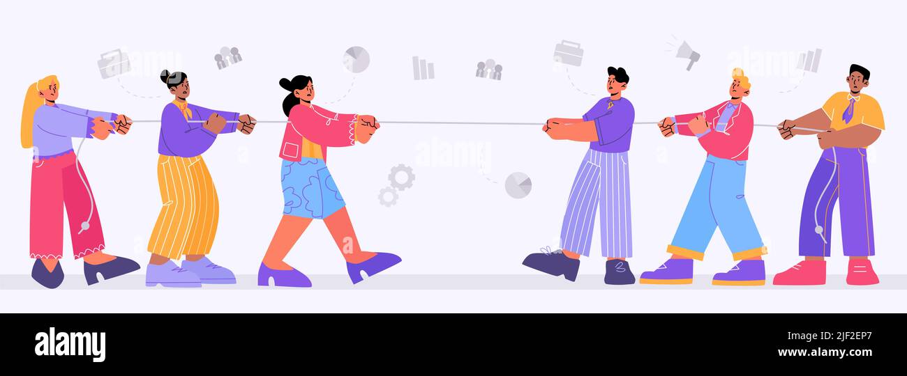 La rivalità della squadra di genere, uomini tira di guerra con le donne. Uomini e donne uomini d'affari personaggi wrestling. Concetto di femminismo e ufficio patriarcato lotta battaglia per la leadership, linea arte flat vettore illustrazione Illustrazione Vettoriale