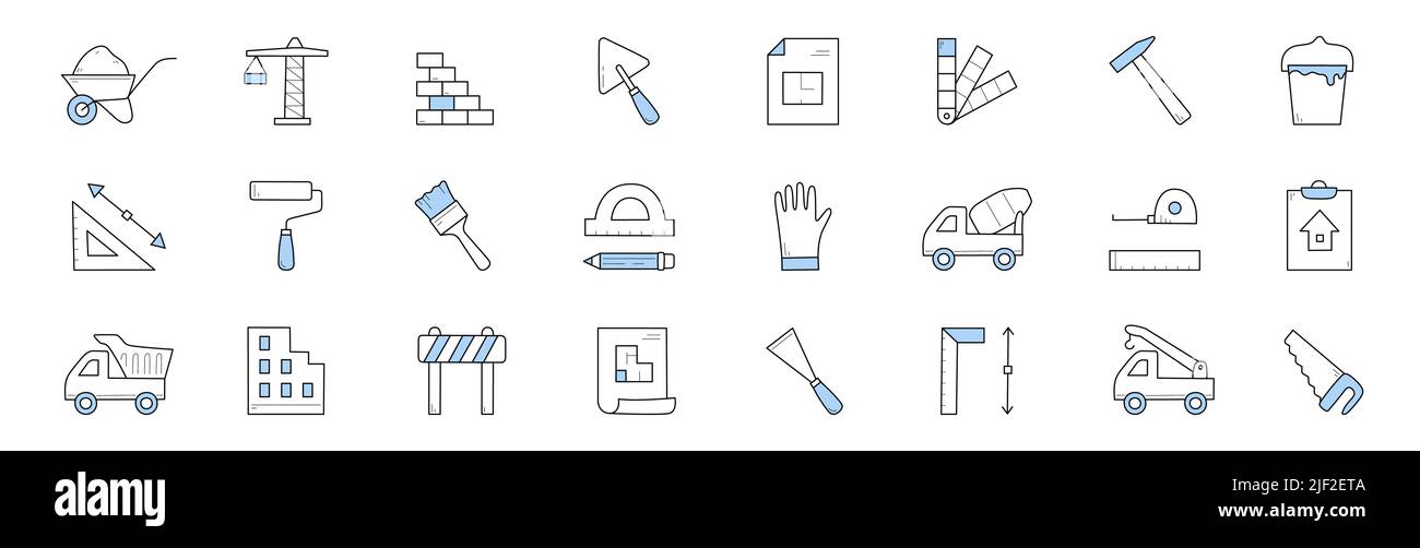 Icone per la costruzione e la costruzione di scarabei. Carriola con sabbia, gru, muro di mattoni, cazzuola, palette e blueprint. Martello, secchio di vernici, mescolatore di calcestruzzo, rullo, metro, segni vettoriali di pennello e sega Illustrazione Vettoriale