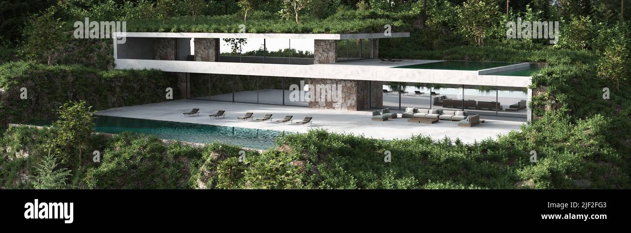 Casa moderna con terrazza, piscina su sfondo verde foresta. Architettura dal design minimalista. 3D immagine di rendering banner Web esterno. Foto Stock