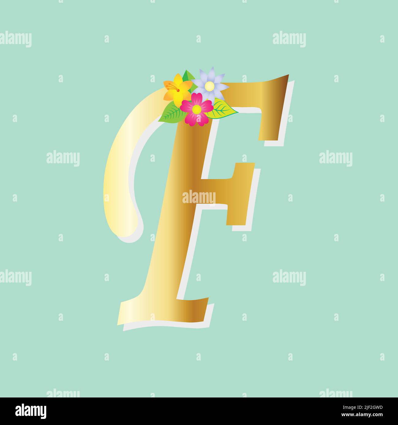 Alfabeto floreale con fiori e composizione glitterata oro. Decorazione botanica polivalente per logo, carte da matrimonio, ecc.. Illustrazione Vettoriale