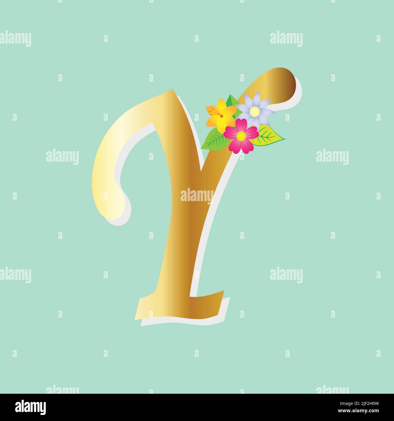 Alfabeto floreale con fiori e composizione glitterata oro. Decorazione botanica polivalente per logo, carte da matrimonio, ecc.. Illustrazione Vettoriale