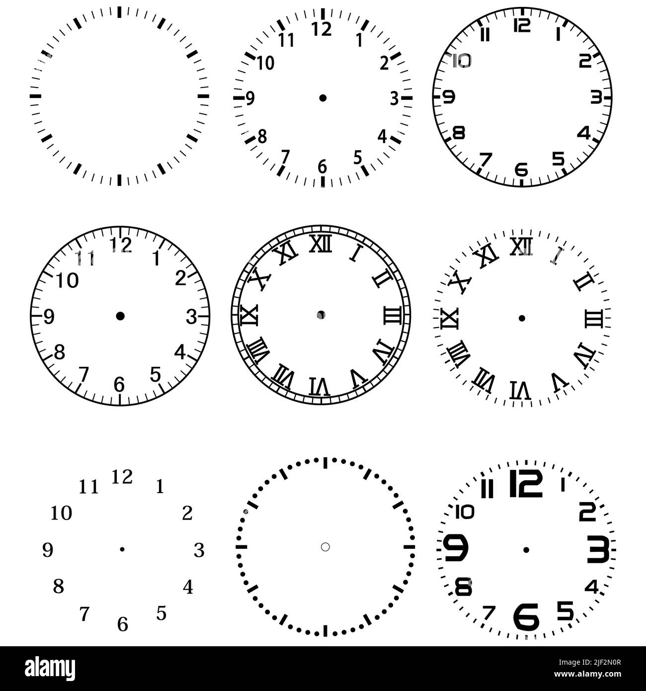 orologio meccanico quadrante modello impostato su sfondo bianco. orologi con caratteri arabici e romani. stile piatto. Foto Stock