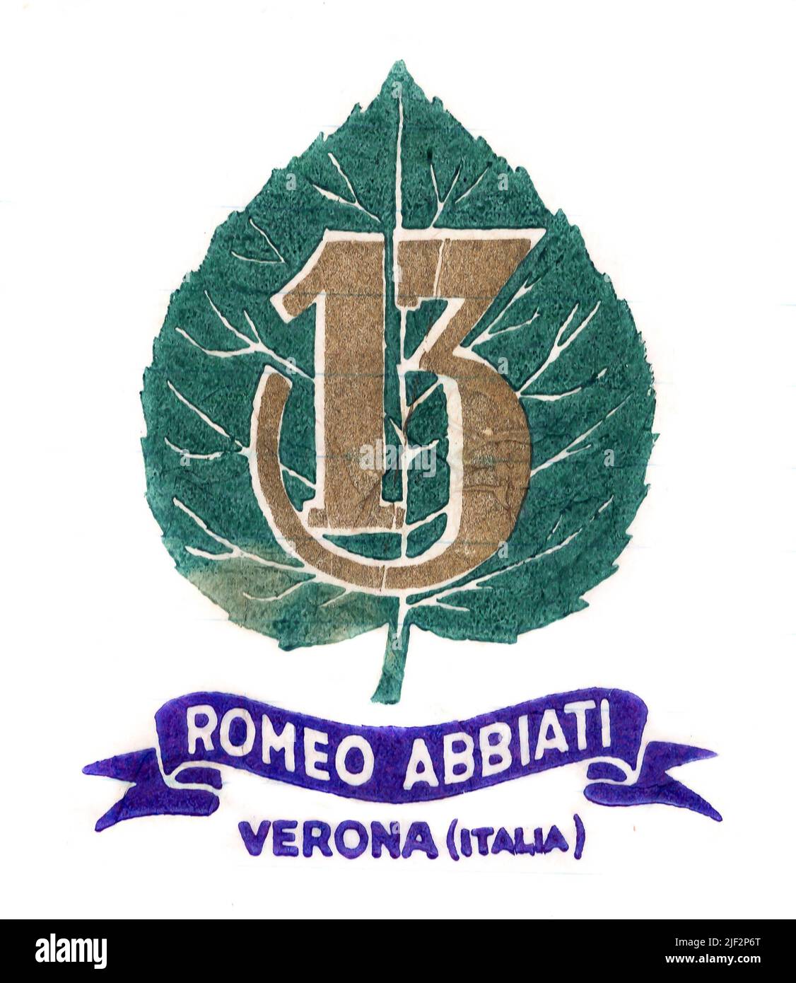 Involucro di carta di tessuto di frutta fresca, dalla metà del 1950s Inghilterra, con marchio del coltivatore. Romeo Abbiati, Verona, Italia.foglia verde, oro numero 13. Foto Stock