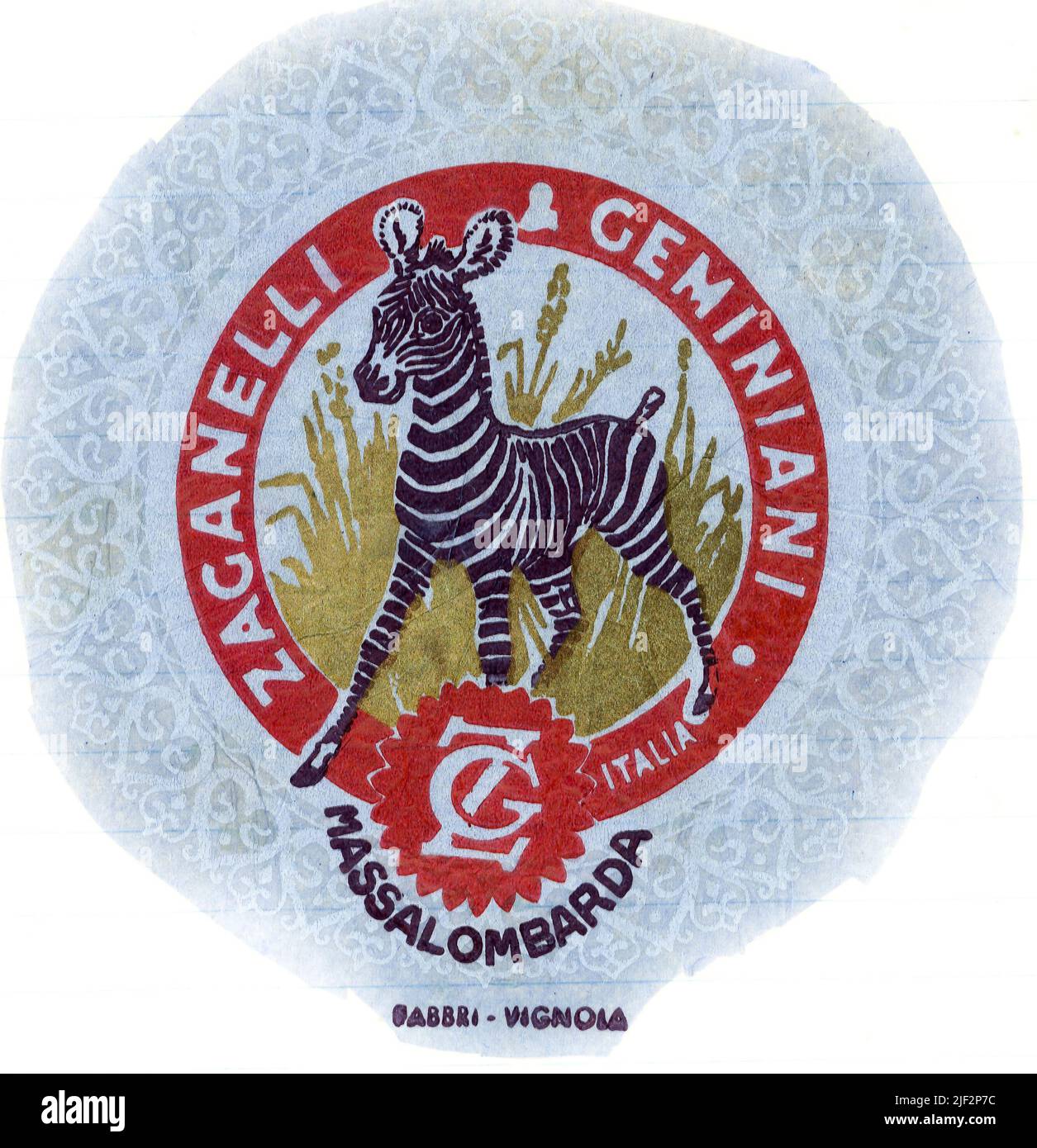 Involucro di carta di tessuto di frutta fresca, dalla metà del 1950s Inghilterra, con marchio del coltivatore. Zacanelli, geminiani, Italia, Massalombarda. Zebra, confine lacy. Foto Stock