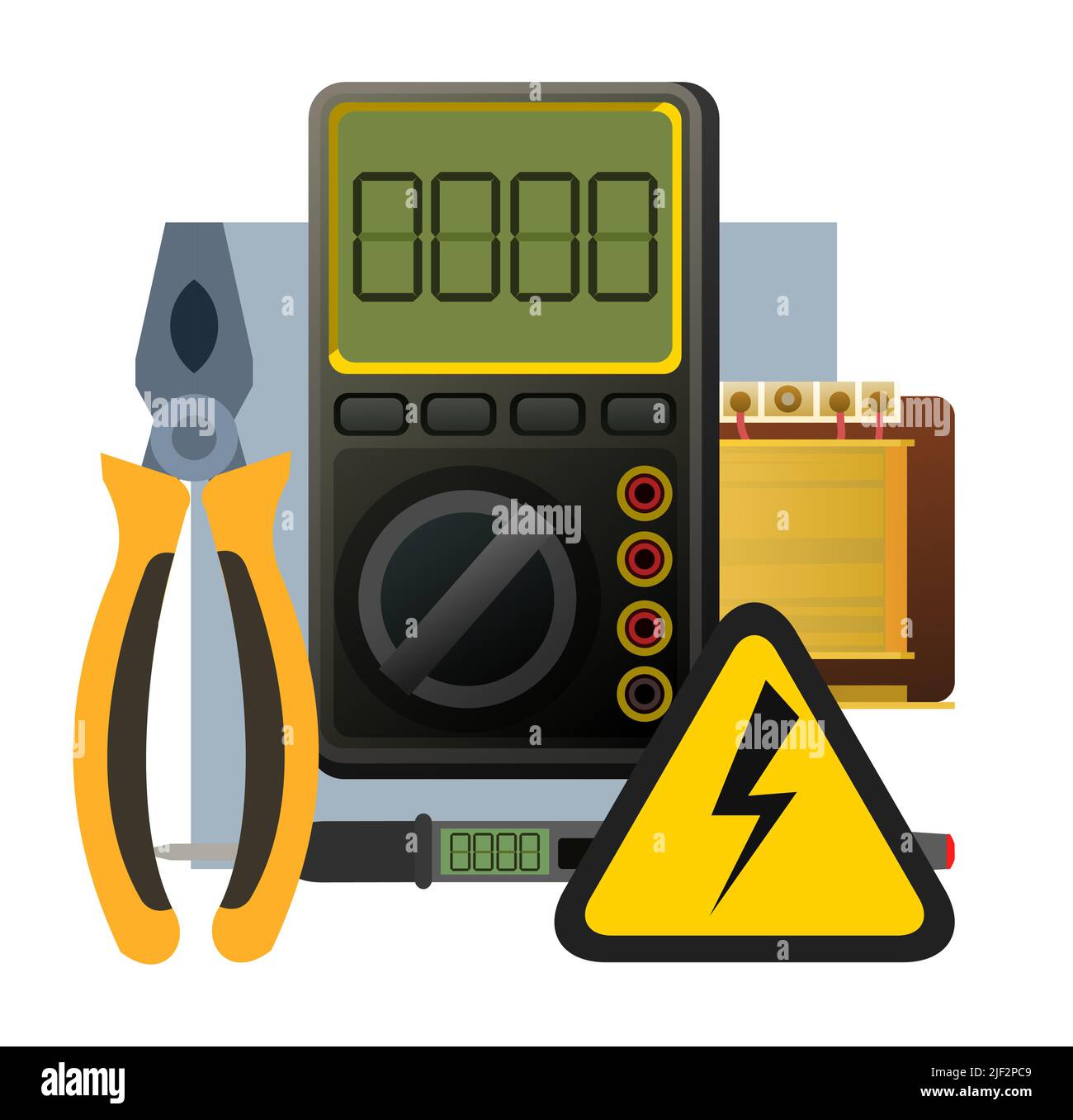 Attrezzi per elettricista. Riparazione di apparecchiature radio elettroniche e a microprocessore. Componenti di ricambio e assistenza. Isolato su sfondo bianco. Canta Illustrazione Vettoriale