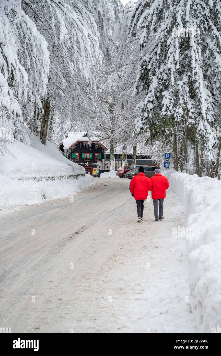 Inverno neve a Fusine. Magia del lago inferiore. Foto Stock