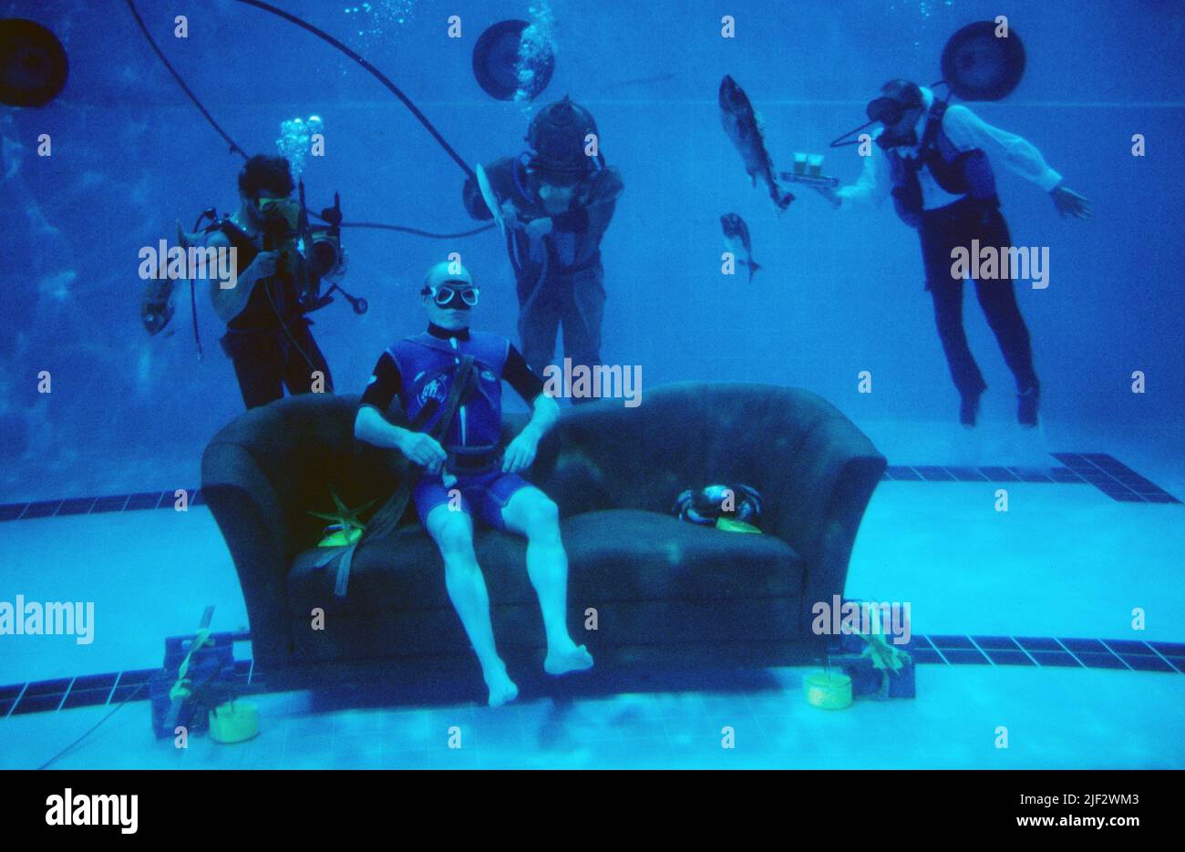 Die Rote Couch, ZDF Unterhaltungssagazin über Lebensarten und Gefühle, im Mittelpunkt ist eine rote Couch, Deutschland, 1991, im Bild: Michael Bader auf der roten Couch unter Wasser, er ist Rekorthalterer unter Wasser mit 6,40 Minuten ohne Sauerstoffgerät, steht im Guinness de Rekorht. Rote Couch, rivista di intrattenimento TV su stili di vita e sentimenti, centrata su un divano rosso, Germania, 1991, nella foto: Michael Bader sul divano rosso sotto l'acqua, è titolare di record sotto l'acqua con 6,40 minuti senza l'ossigeno attrezzature, è nel Guinness del libro dei primati. Foto Stock