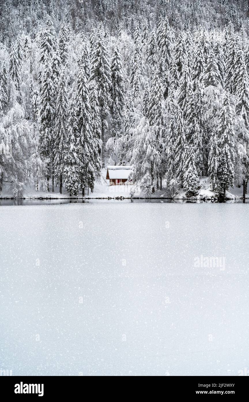 Inverno neve a Fusine. Magia del lago inferiore. Foto Stock