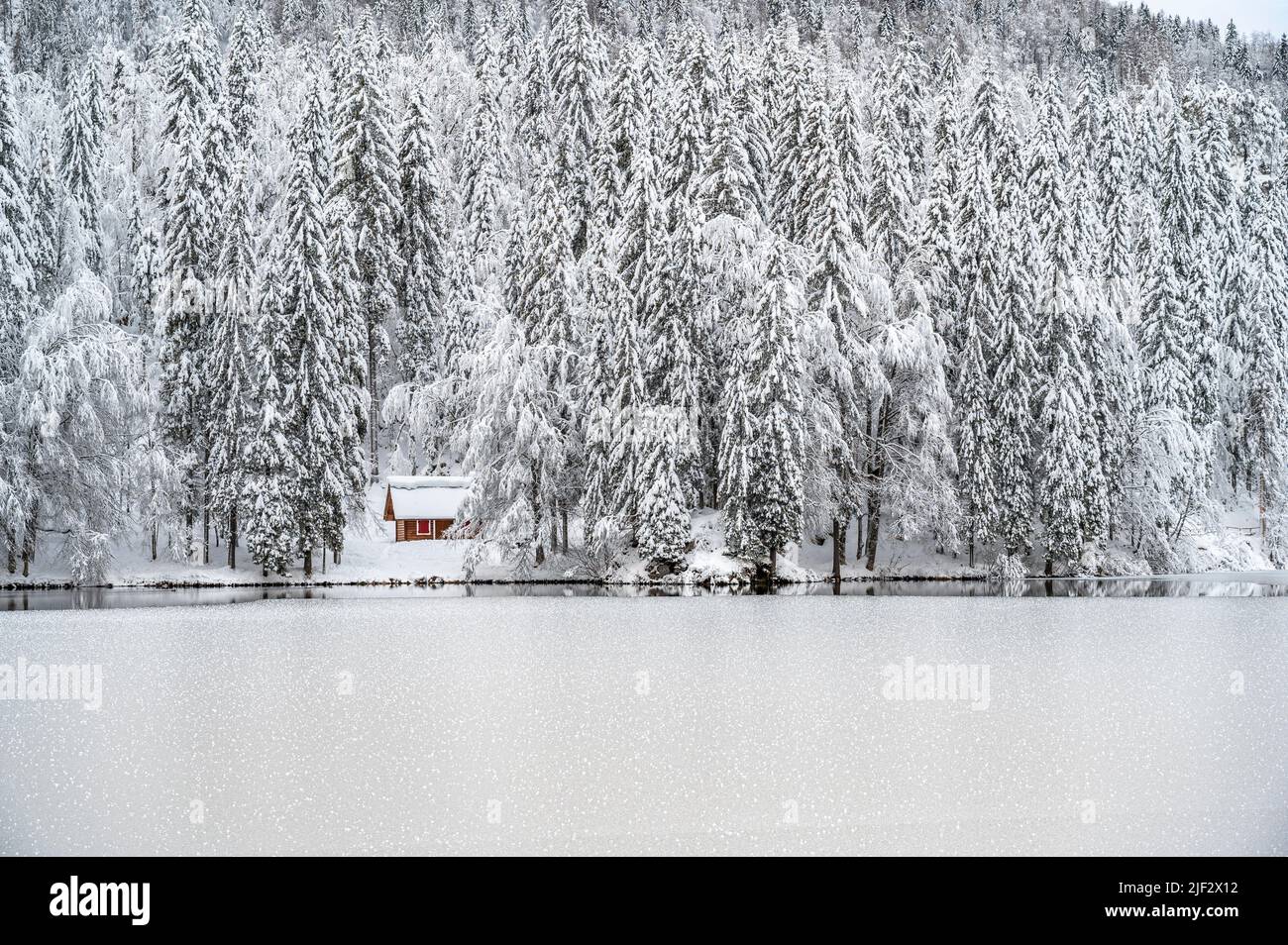 Inverno neve a Fusine. Magia del lago inferiore. Foto Stock