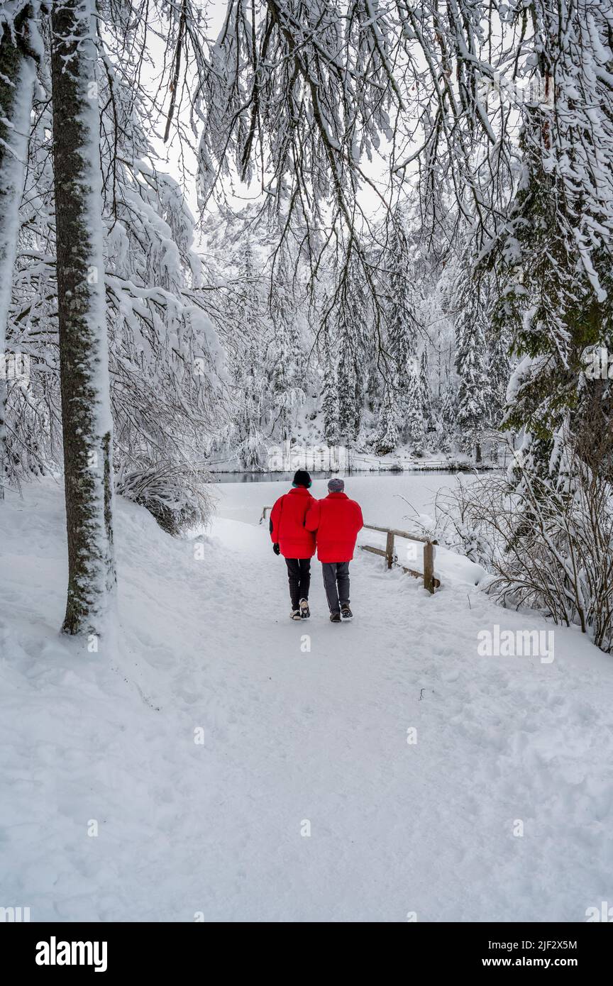 Inverno neve a Fusine. Magia del lago inferiore. Foto Stock