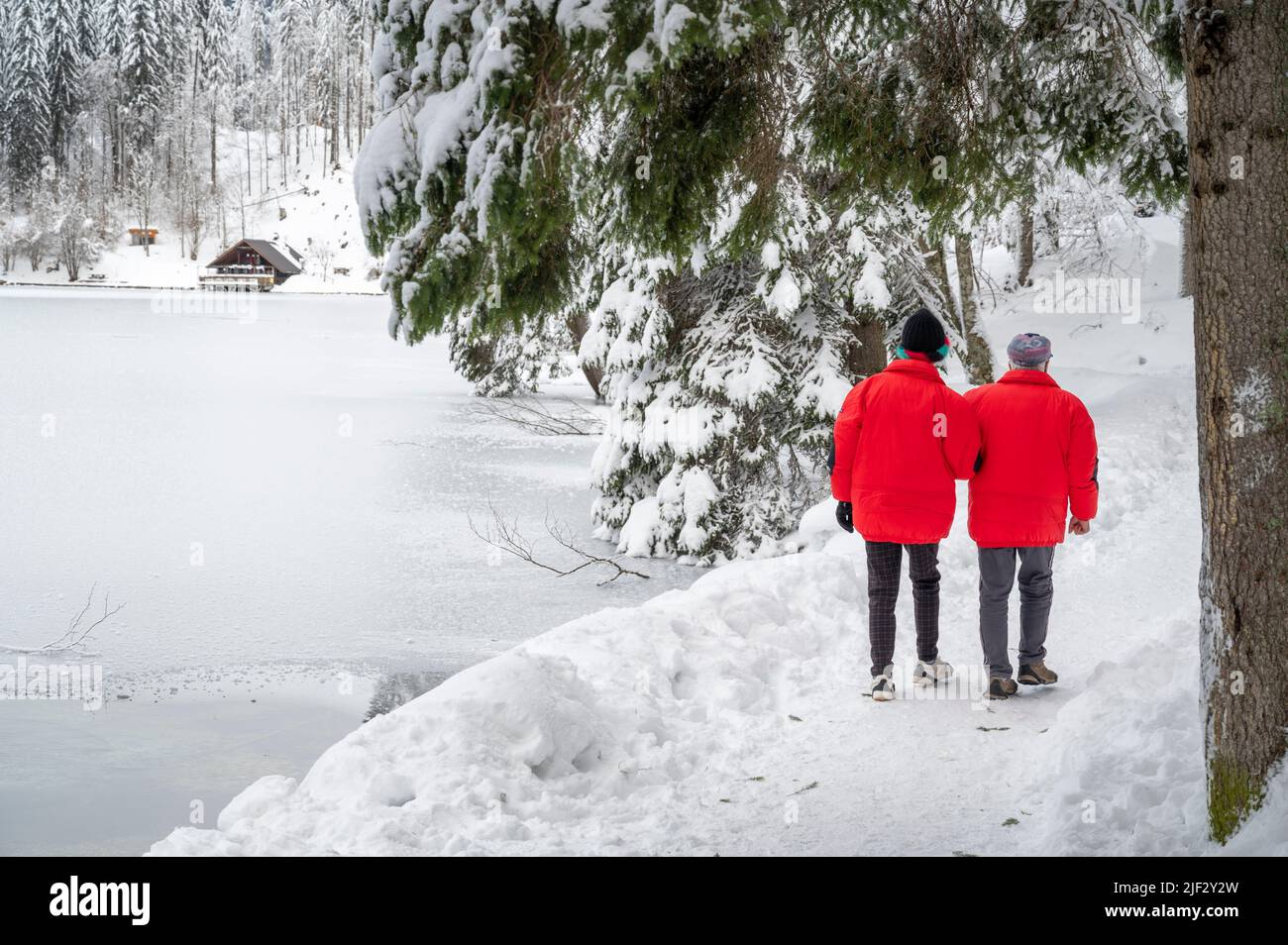 Inverno neve a Fusine. Magia del lago inferiore. Foto Stock