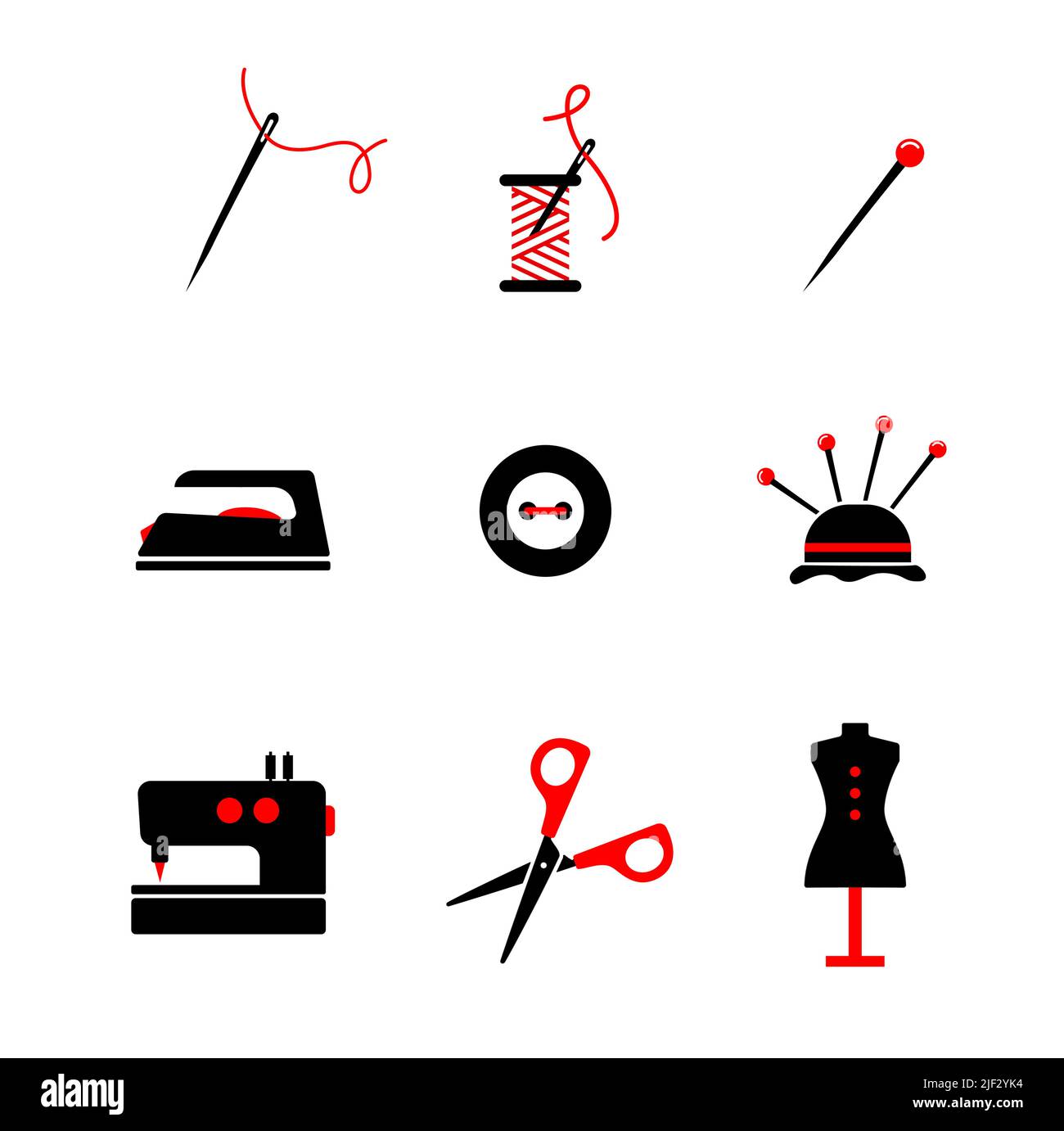 Set di icone per ago da sarto con filo spool, ferro, forbici,. Vector Sewing Illustrazione Vettoriale