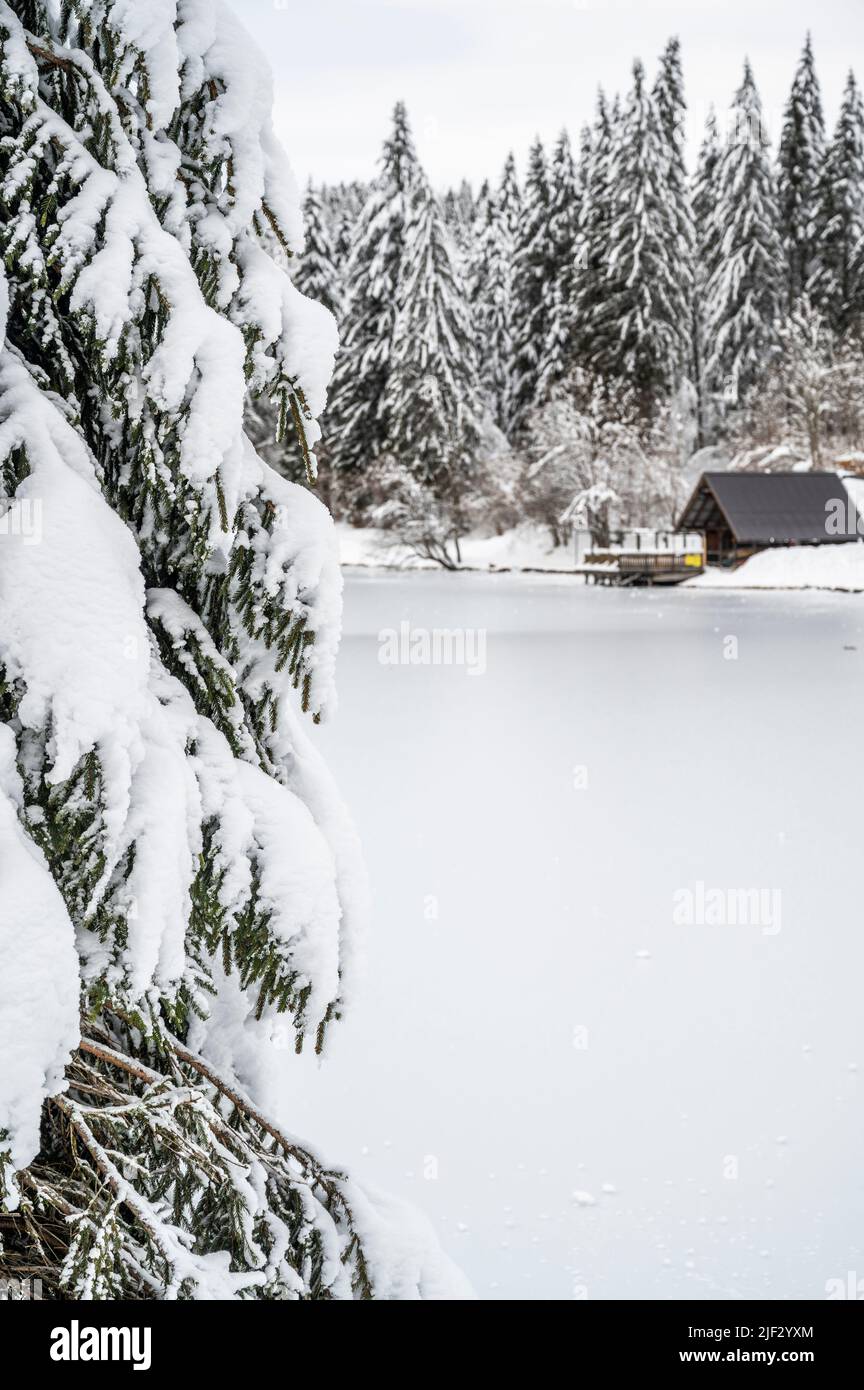 Inverno neve a Fusine. Magia del lago inferiore. Foto Stock