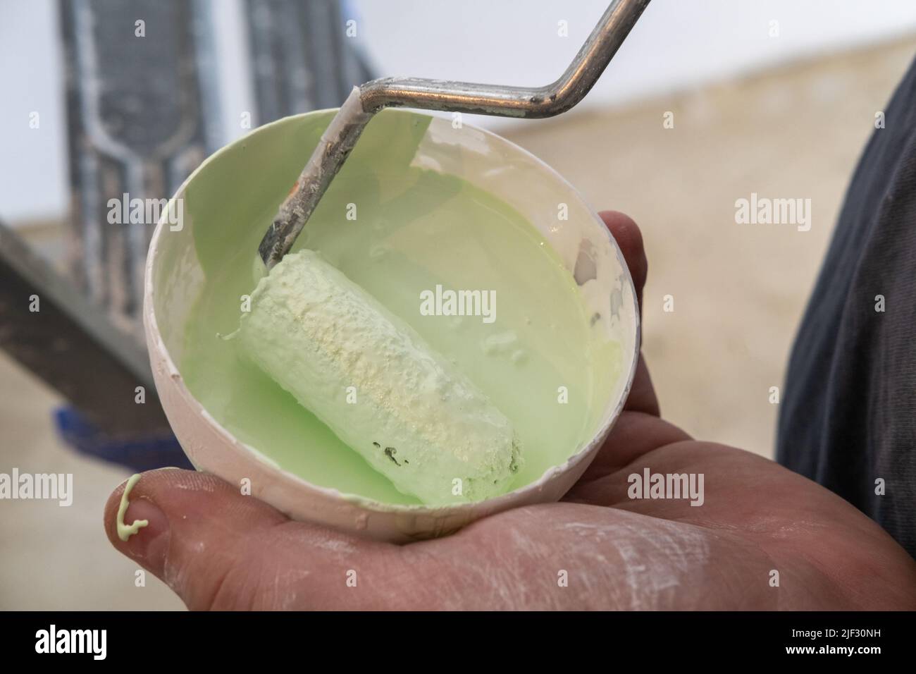 Mano dell'artigiano che tiene un rullo in una lattina di vernice verde. Pittore che dipinge un muro con rullo di vernice. Ripara da solo. Concetto DIY Foto Stock