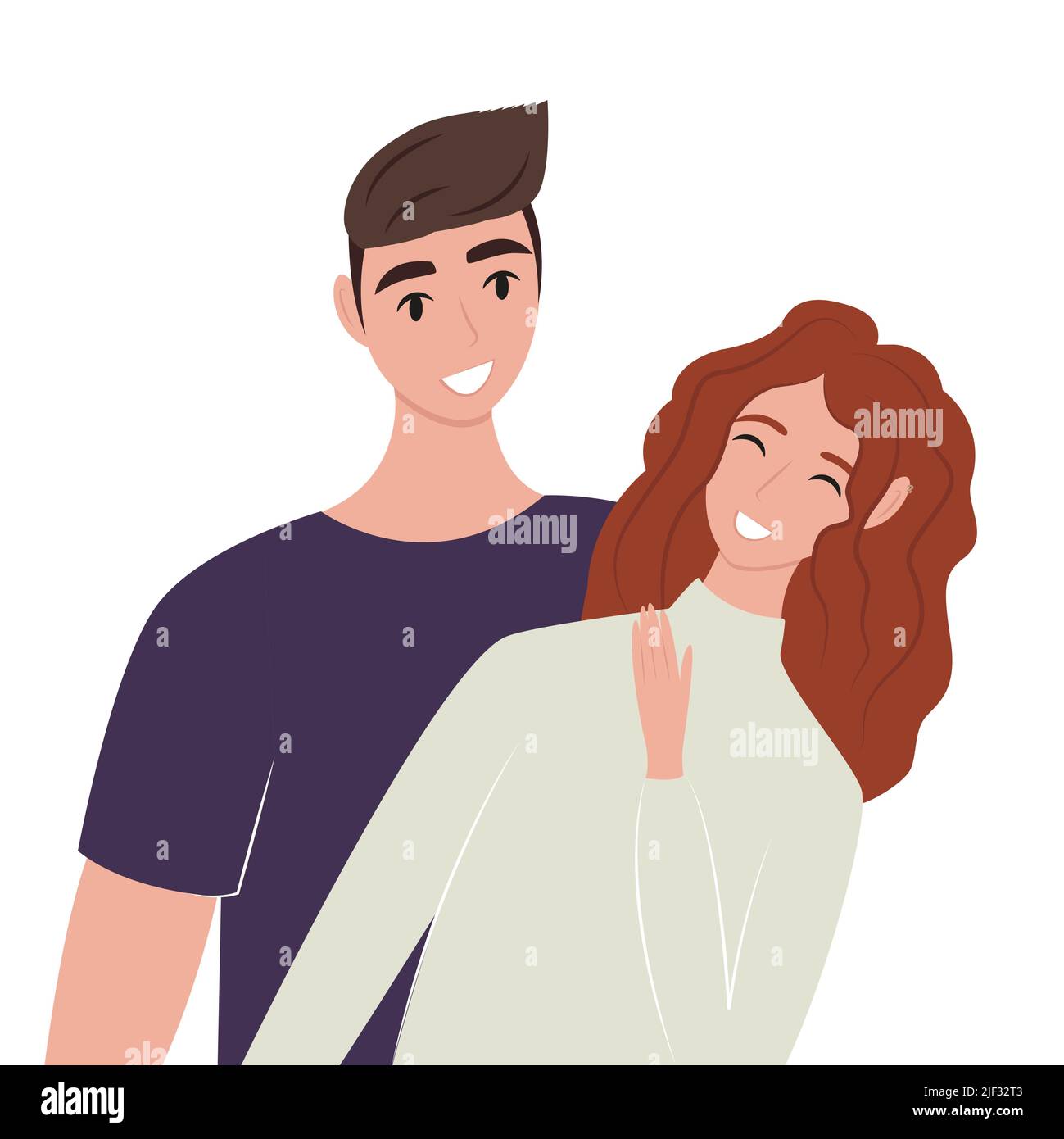 Donna uomo in piedi insieme piatto. Giovane uomo felice e donna stanno divertendosi e ridendo. Modelli per la progettazione. Carino illustrazione vettoriale in stile piatto. Illustrazione Vettoriale